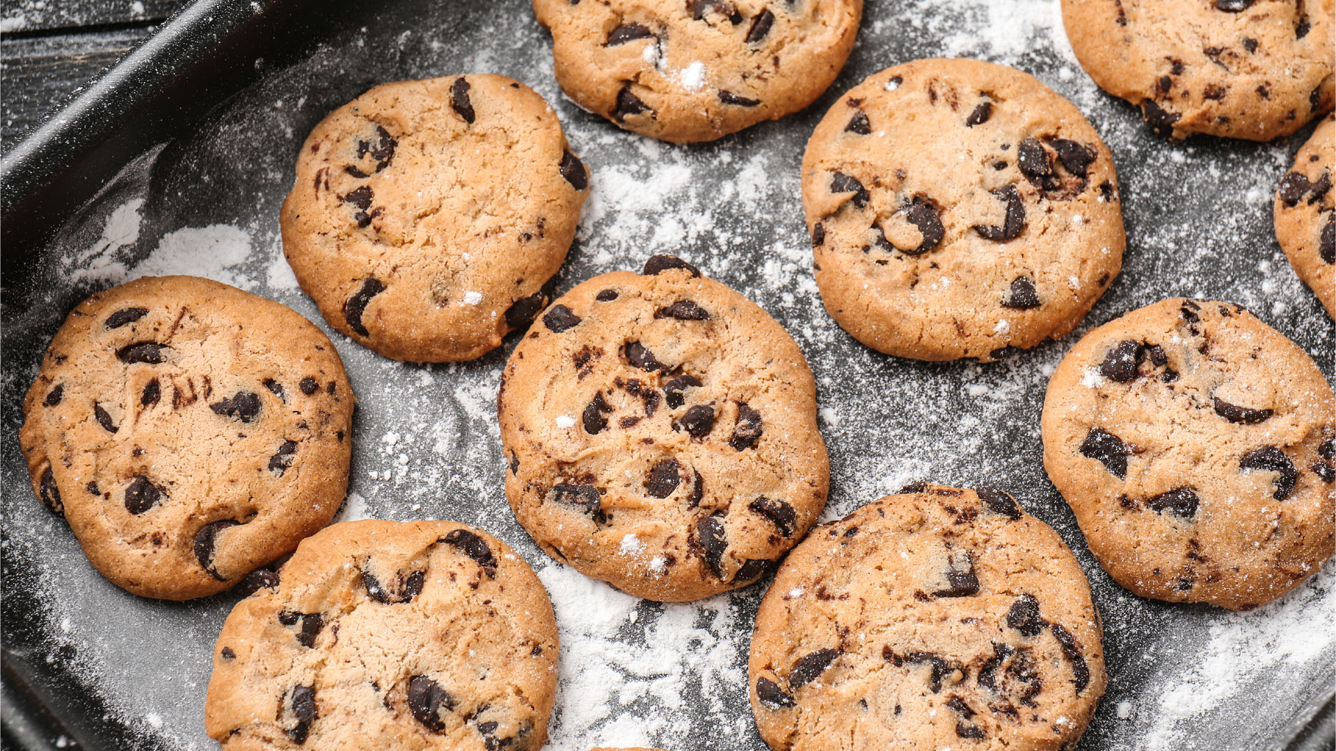 baking tray of chocolate chip cookies